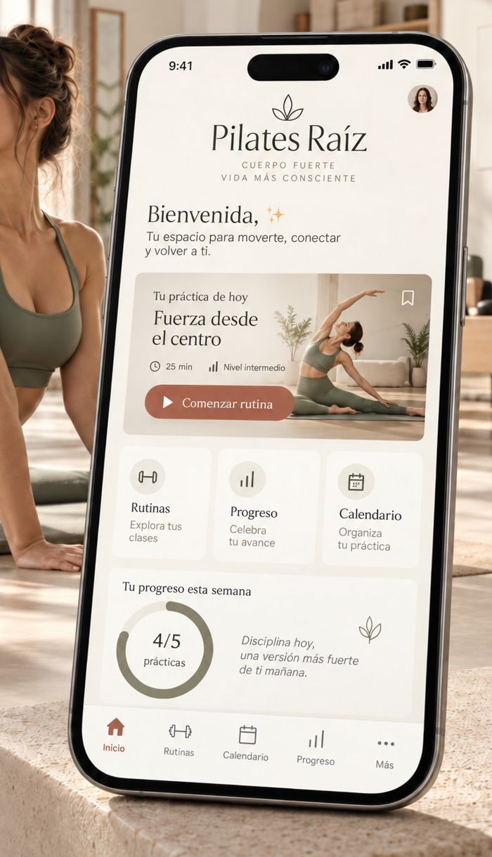 Celular con la app Pilates Raíz abierta en la práctica de hoy