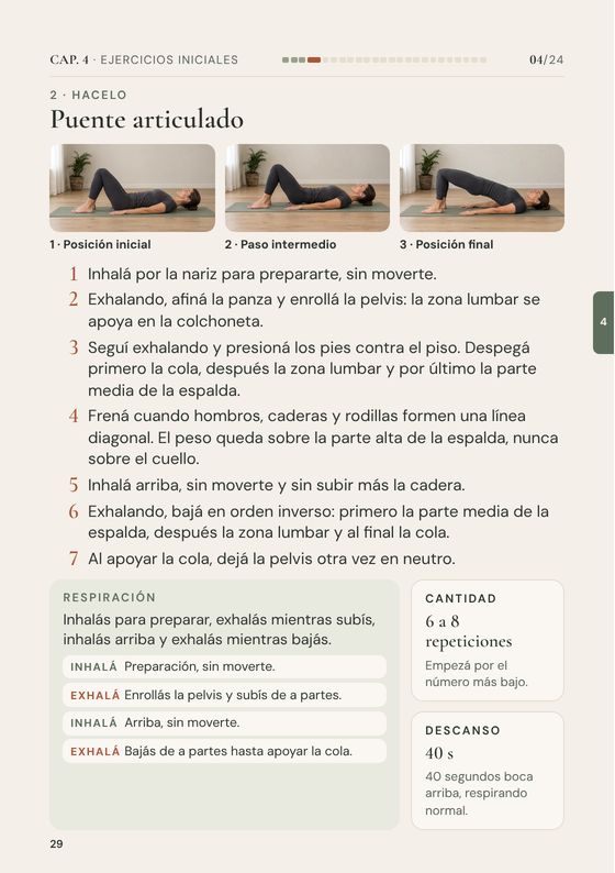 Página 29: ficha 04, Hacelo, con los pasos numerados y la respiración